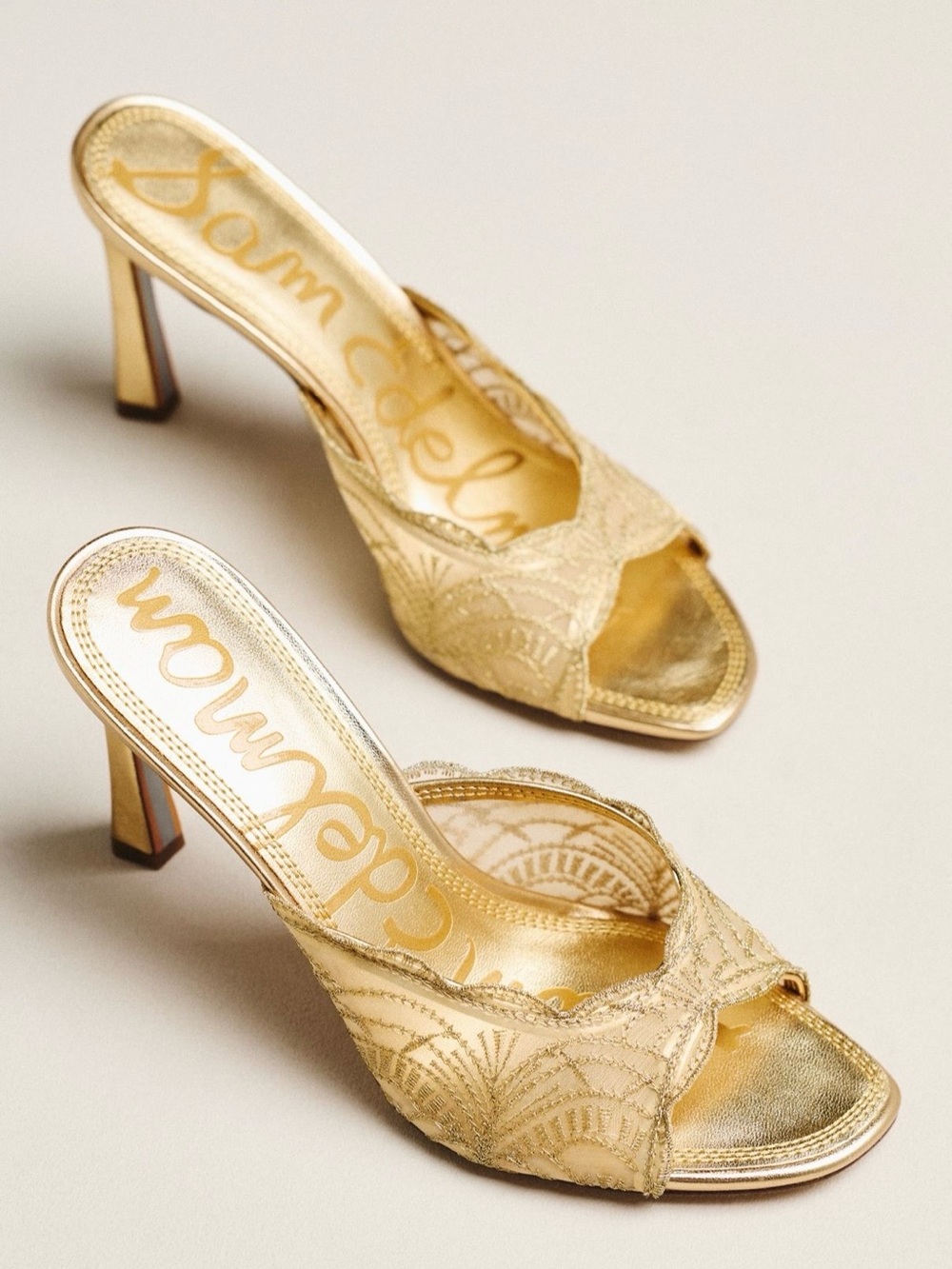 Sam Edelman Iva Open-Toe Mules,intricate lace detailing and scalloped edge. 9.5.